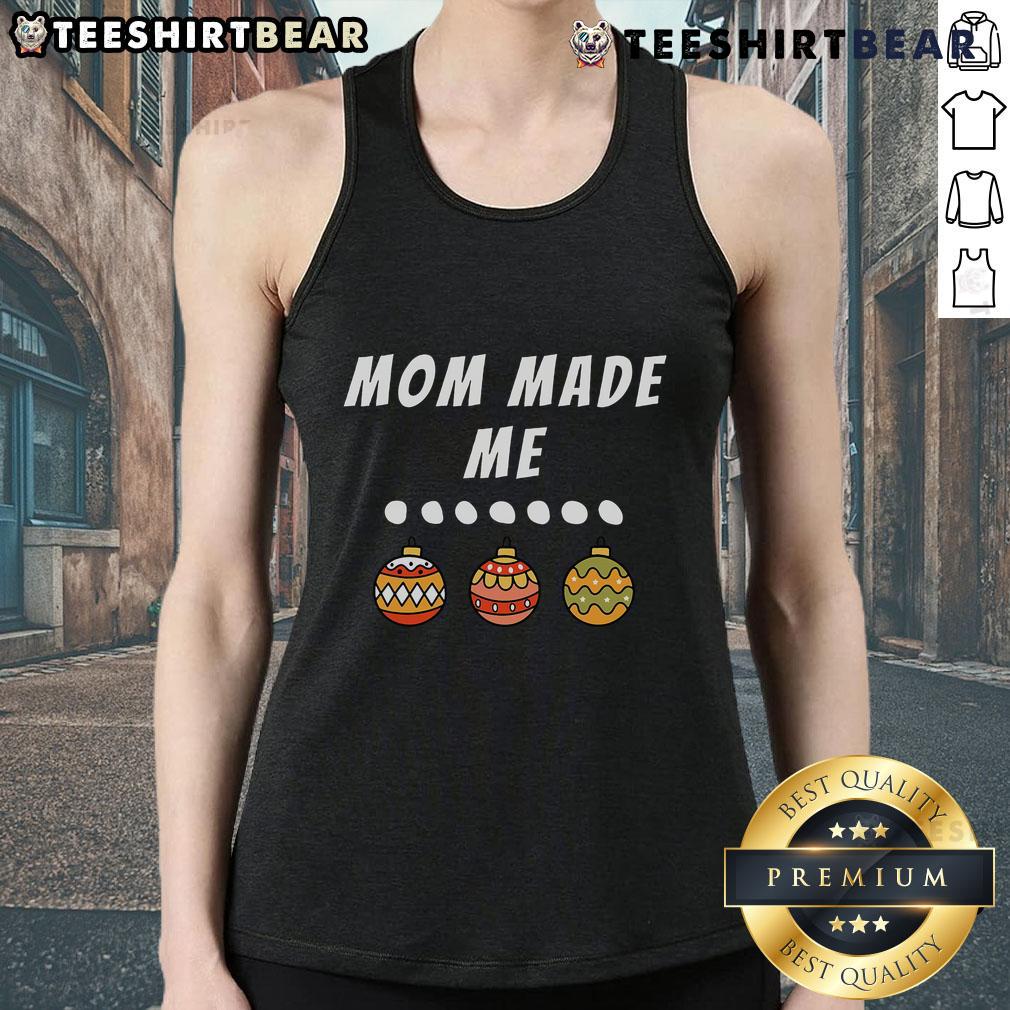 Mom-made matching Christmas outfits for a family party featuring an ornament tank top, capturing festive holiday spirit.