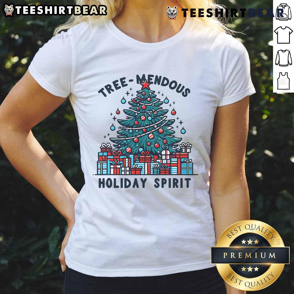 Beautifully decorated Christmas tee for ladies, capturing the good holiday spirit with a treemendous design.