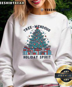 Good Holiday Spirit Treemendous beautifully decorated Christmas sweatshirt featuring vibrant festive designs and colors.