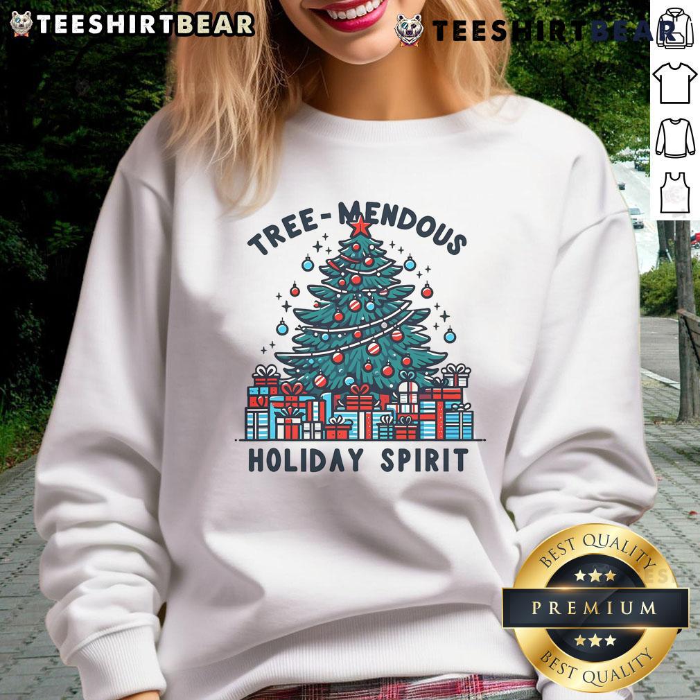 Good Holiday Spirit Treemendous beautifully decorated Christmas sweatshirt featuring vibrant festive designs and colors.