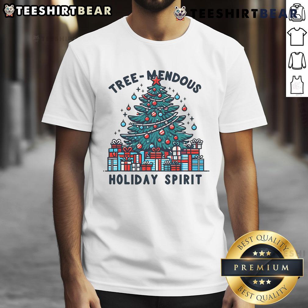 Good Holiday Spirit Treemendous Christmas T-Shirt featuring vibrant decorations and festive designs for the holiday season.
