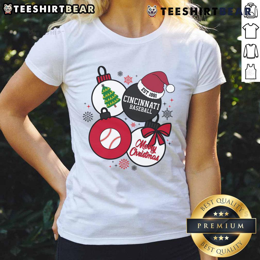 Good Merry Christmas Cincinnati Baseball Est 1881 Ladies Tee featuring festive design and team logo.