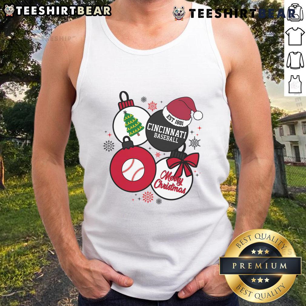 Good Merry Christmas Cincinnati Baseball Est. 1881 tank top featuring festive design and team spirit for holiday cheer.