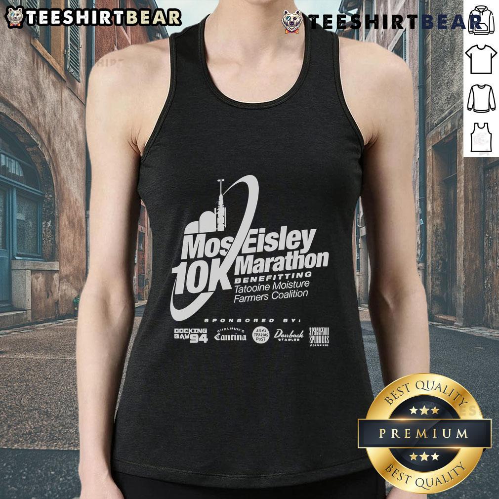 Runner wearing Good Mos Eisley 10k Marathon benefiting Star War tank top, showcasing vibrant design and marathon spirit.