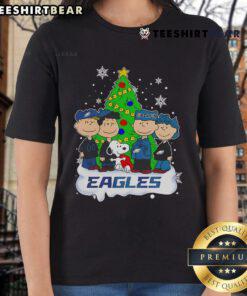 Good Peanuts characters on a Philadelphia Eagles Christmas tree ladies tee, perfect for festive football fans.