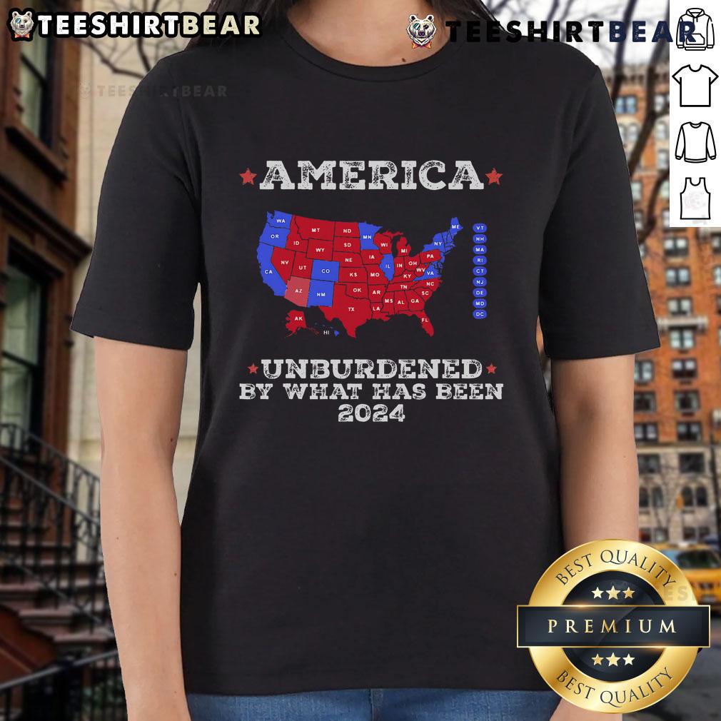 Good Retro America Unburdened By What Has Been 2024 Ladies Tee featuring vintage style graphics on a comfortable shirt.