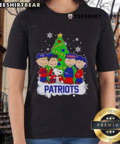 Good Snoopy The Peanuts New England Patriots Christmas Tree Ladies Tee featuring festive Snoopy design for fans.