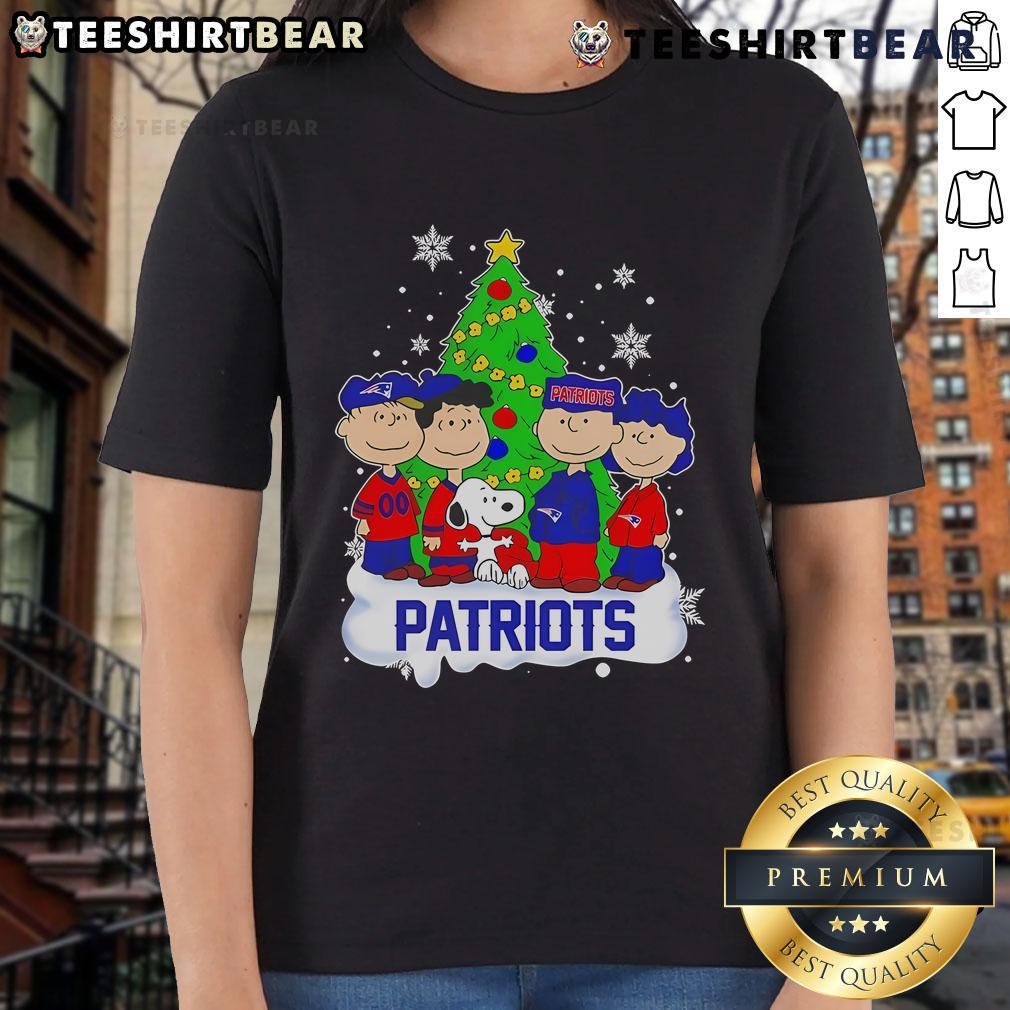 Good Snoopy The Peanuts New England Patriots Christmas Tree Ladies Tee featuring festive Snoopy design for fans.