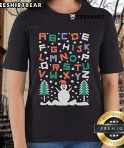 Festive ladies tee featuring a good snowman alphabet design, perfect for Christmas celebrations and winter festivities.