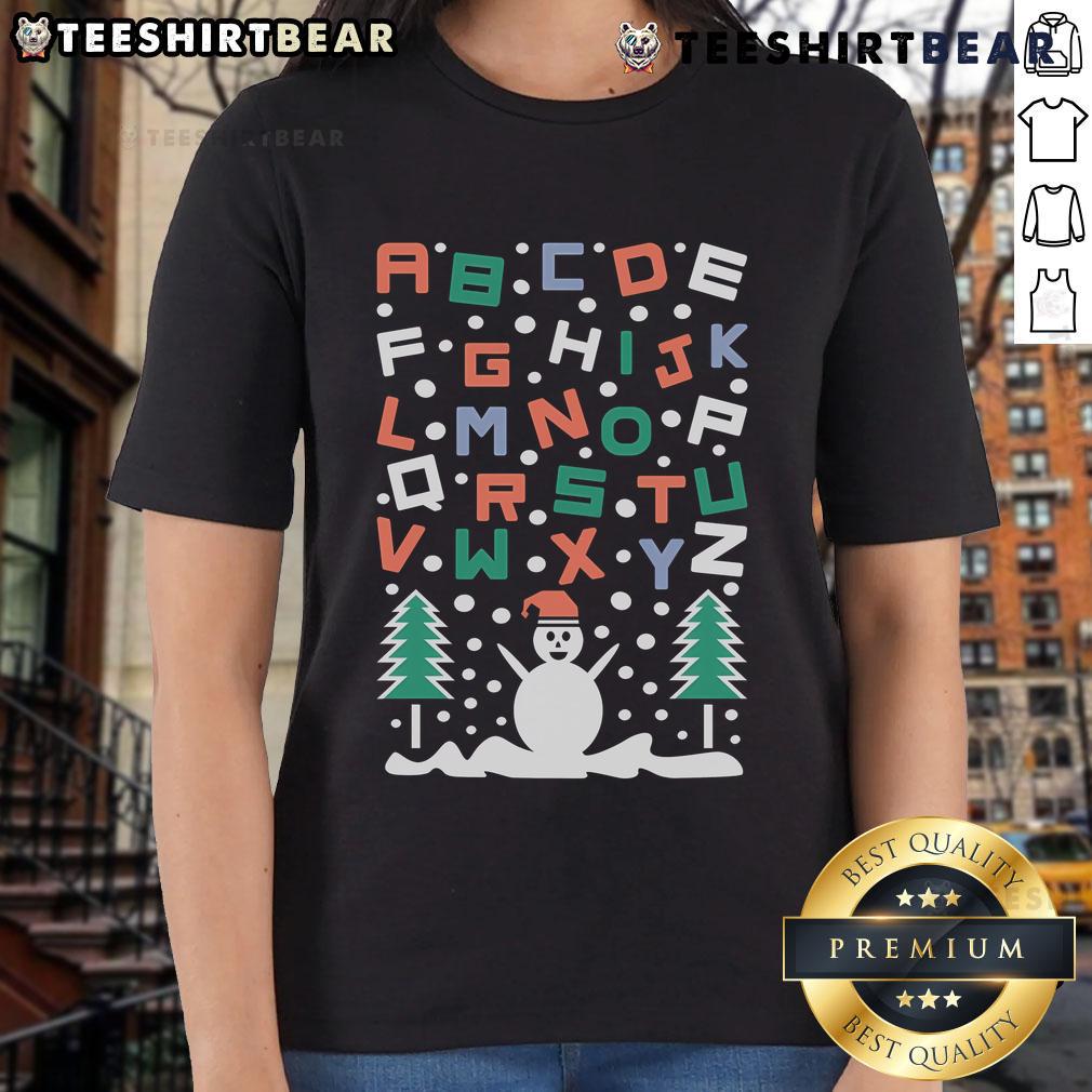 Festive ladies tee featuring a good snowman alphabet design, perfect for Christmas celebrations and winter festivities.