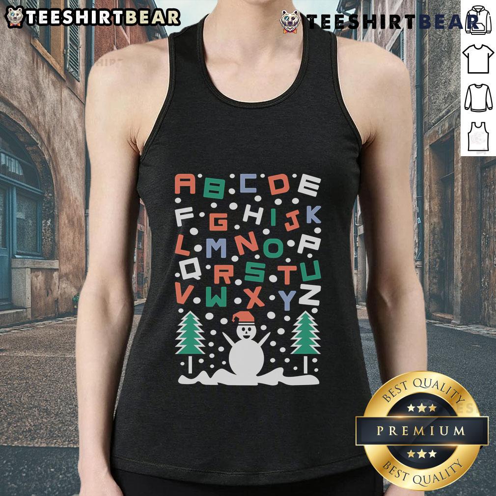 Festive Christmas tank top featuring a cheerful snowman and alphabet design, perfect for holiday celebrations.