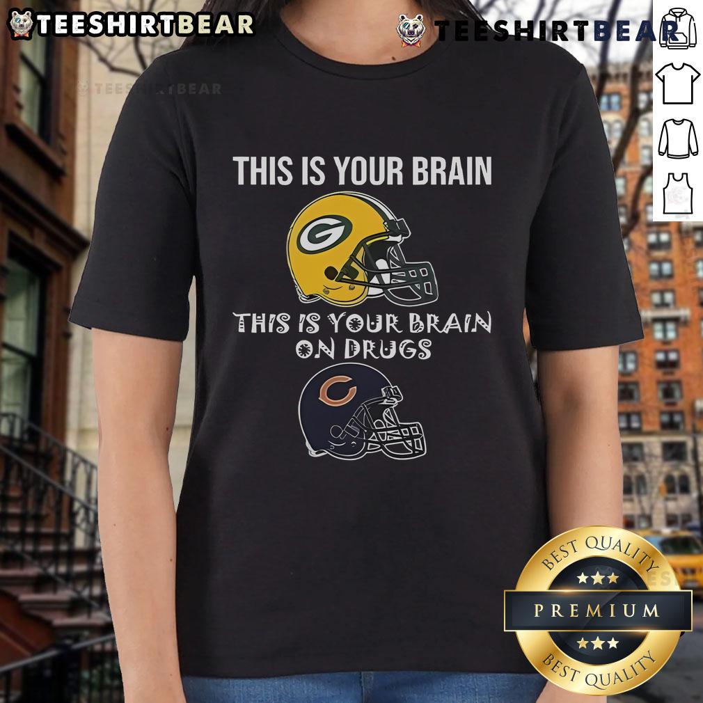 Green Bay Packers ladies tee showcasing 'This Is Your Brain on Drugs' with Chicago Bears logo for football fans.