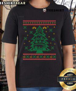 Alt Text: Good Christmas tree with nativity scene on an ugly Christmas ladies tee, perfect for festive celebrations.