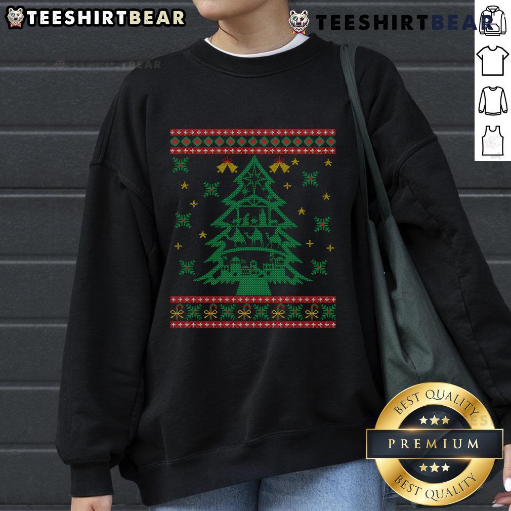 Good Xmas Tree Christmas Nativity Scene on an Ugly Christmas Sweatshirt, perfect for festive holiday wear.