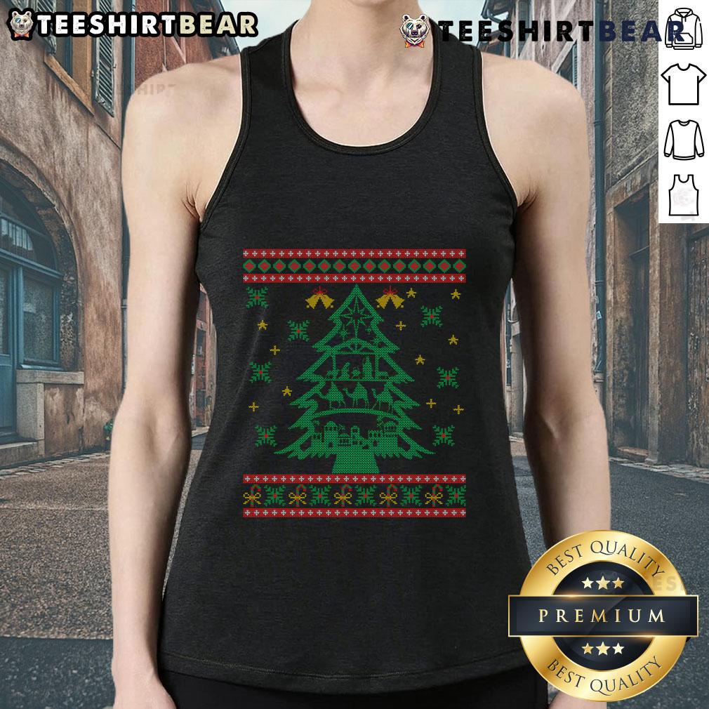 Ugly Christmas tank top featuring a Good Xmas tree and Christian nativity scene design for festive holiday wear.