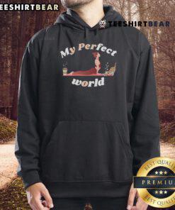 Good Yoga Cats and Coffee Are My Perfect World Hoodie featuring a cozy design for yoga and cat lovers.