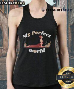 Good Yoga Cats and Coffee Are My Perfect World tank top design featuring playful cats and coffee motifs.