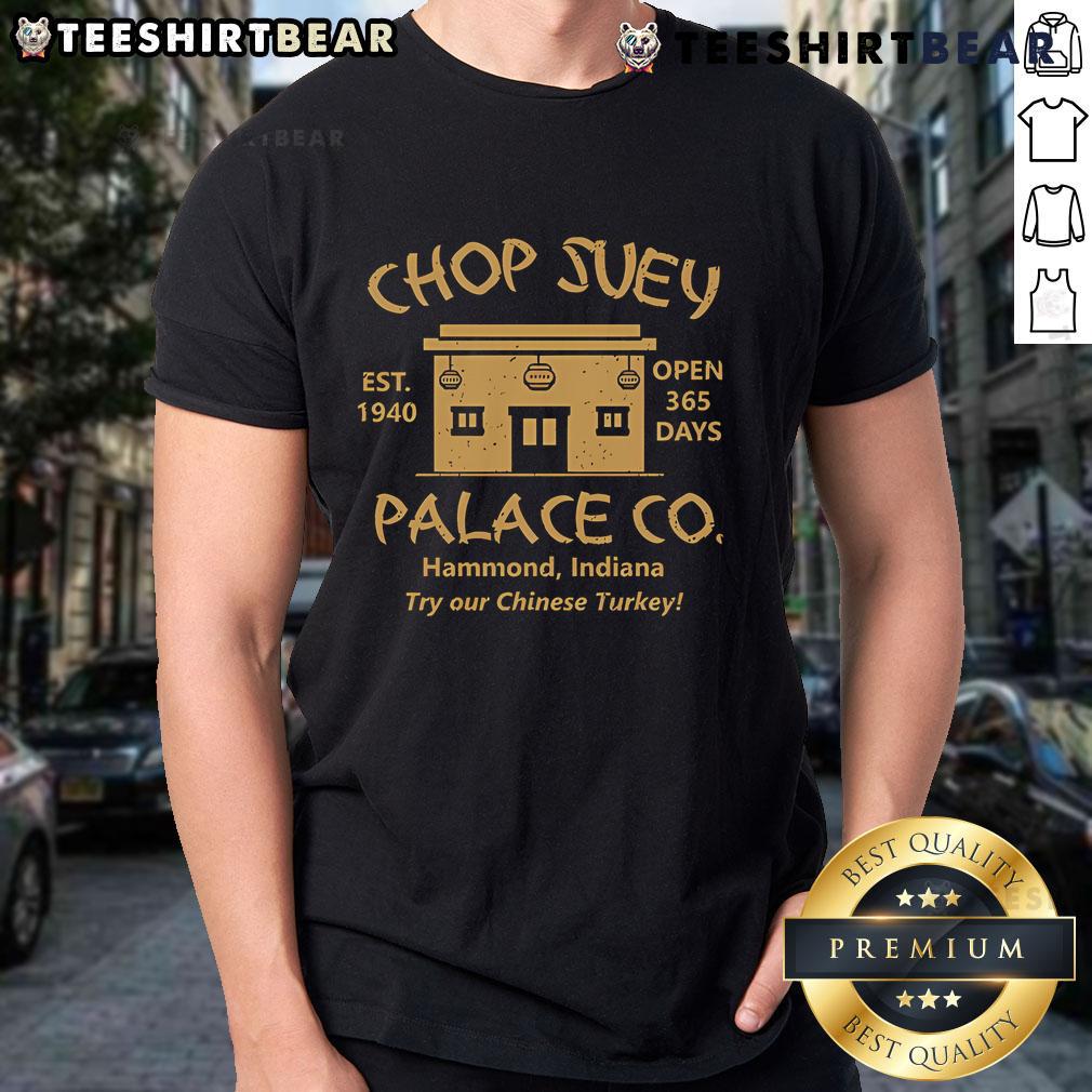 Alt Text: Happy Christmas Story Chop Suey Palace T-Shirt featuring festive graphics and vibrant colors for holiday cheer.