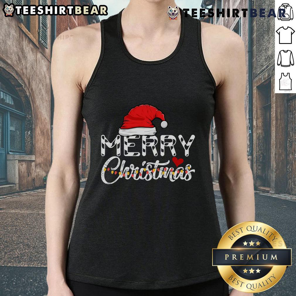 Funny family wearing Christmas tank tops with Santa Claus design, celebrating a happy Merry Christmas together.