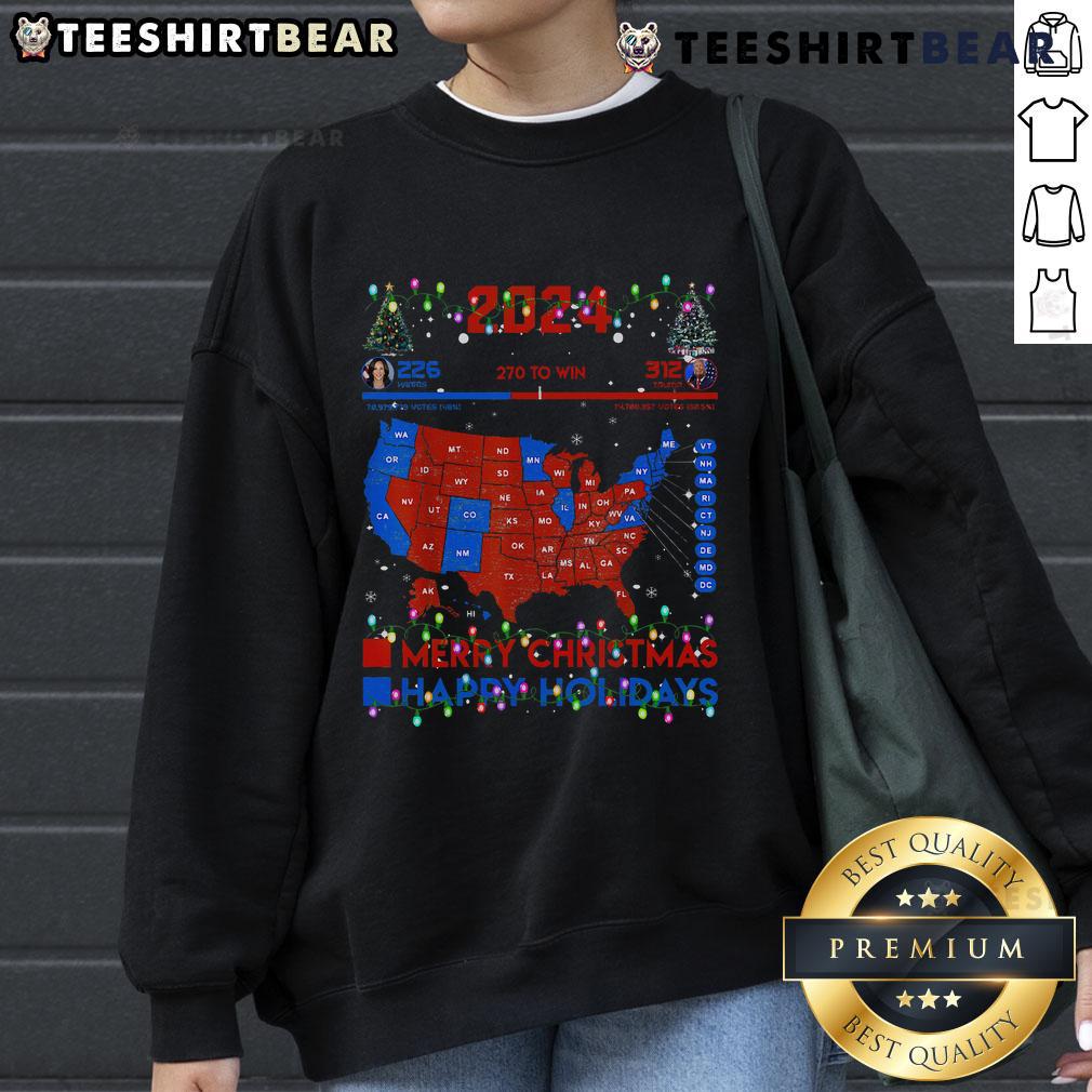 Hot 2024 Electoral Map Merry Christmas Trump Landslide Holiday Sweatshirt featuring festive design and political theme.