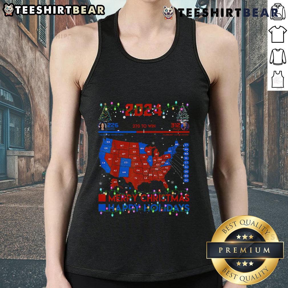 Hot 2024 electoral map design featuring 'Merry Christmas' and Trump landslide theme on a holiday tank top.