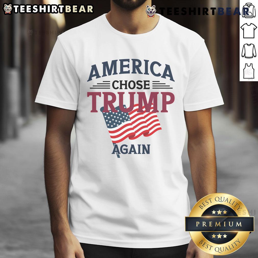 Hot America Chose Trump Again T-Shirt featuring bold graphics and patriotic colors, perfect for supporters of Trump.