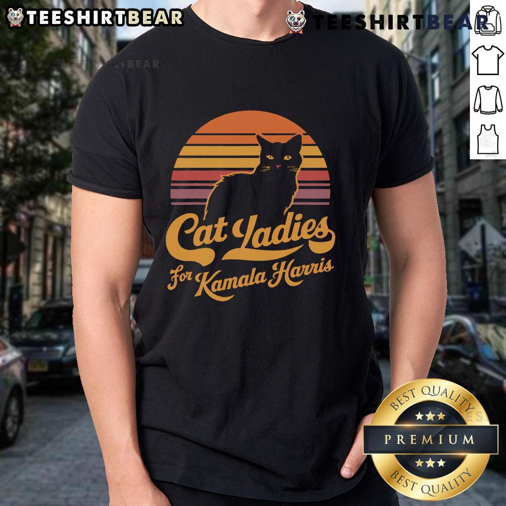 Hot Cat Lady vintage sunset T-shirt featuring support for Kamala Harris, showcasing a stylish and playful design.