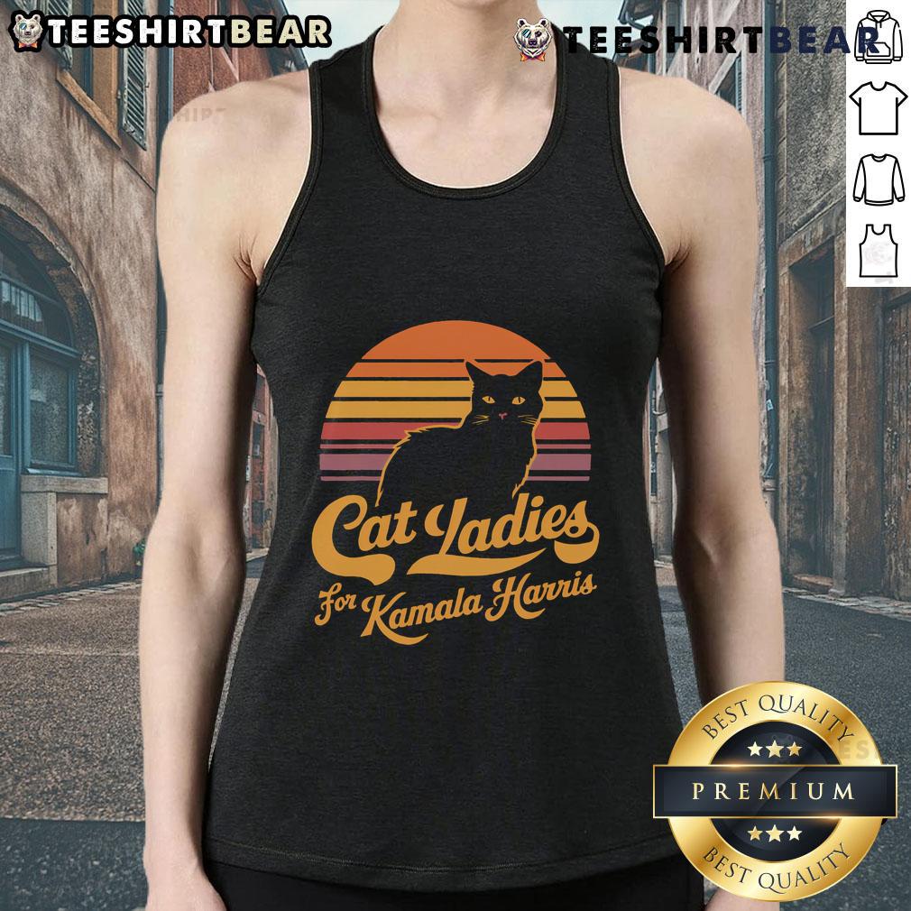 Hot Cat Lady wearing a vintage sunset tank top supporting Kamala Harris at a rally, showcasing fun political fashion.