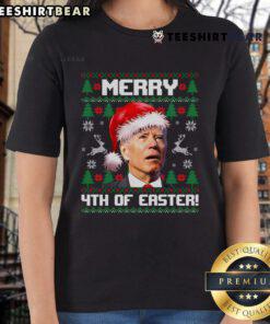 Hot Santa Joe Biden Merry 4th of Easter Ugly Christmas Ladies Tee featuring festive design and vibrant colors.
