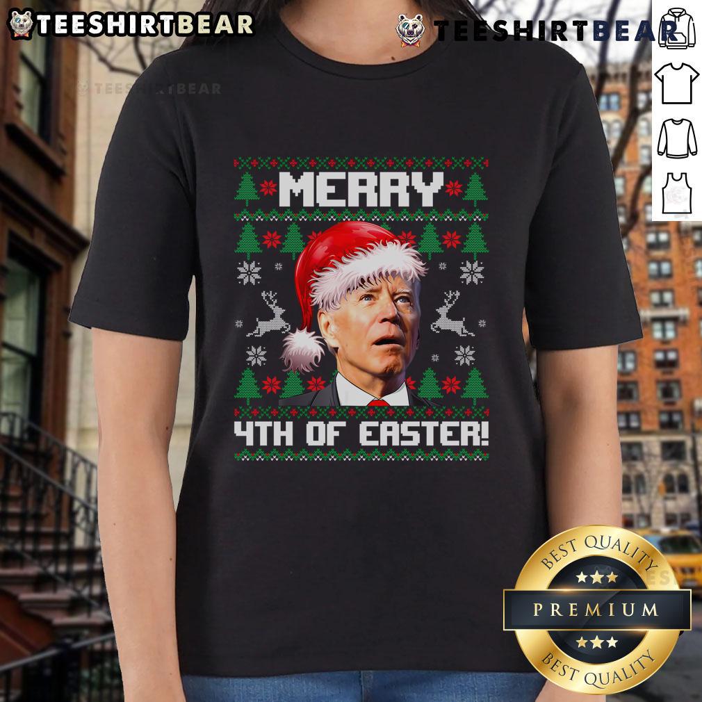 Hot Santa Joe Biden Merry 4th of Easter Ugly Christmas Ladies Tee featuring festive design and vibrant colors.
