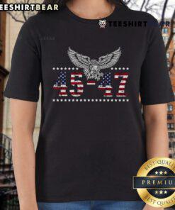 Hot Trump 2024 President tee for ladies featuring American flag design, perfect for showing support for 45 and 47.