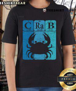 Retro crabber ladies tee featuring a crab design with periodic table elements, perfect for seafood lovers and crabbing enthusiasts.