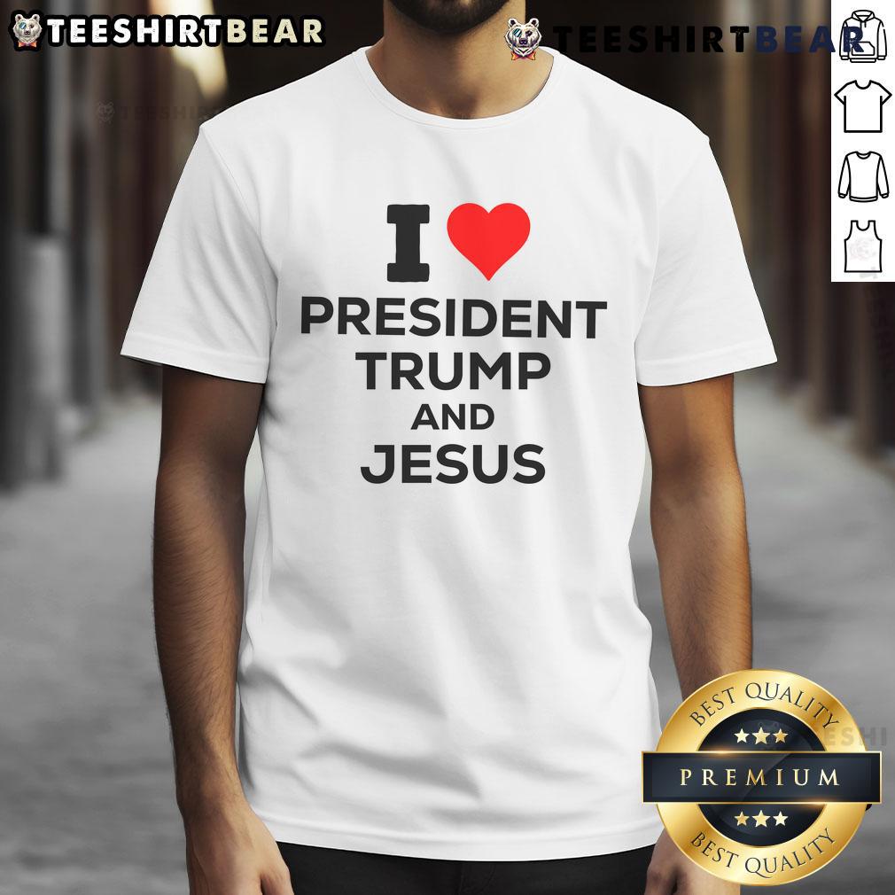 Alt Text: Nice I Heart President Trump and Love Jesus T-Shirt featuring bold graphics and patriotic colors for Trump supporters.