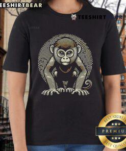 Charming monkey fingerprint design on a ladies tee, featuring a playful ape and vibrant colors, perfect for animal lovers.