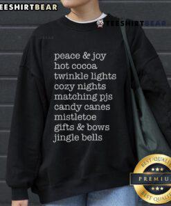 Cozy nights sweatshirt featuring Nice Peace and Joy design with hot cocoa and twinkle lights for a festive vibe.