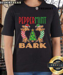 Adorable Dachshund dog in a peppermint bark Christmas tee, perfect for festive pun lovers and holiday celebrations.