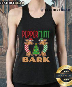Adorable Dachshund dog wearing a 'Nice Peppermint Bark' Christmas tank top, perfect for festive holiday celebrations.