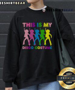 1970s disco costume sweatshirt worn at a family party, showcasing vibrant colors and retro style.