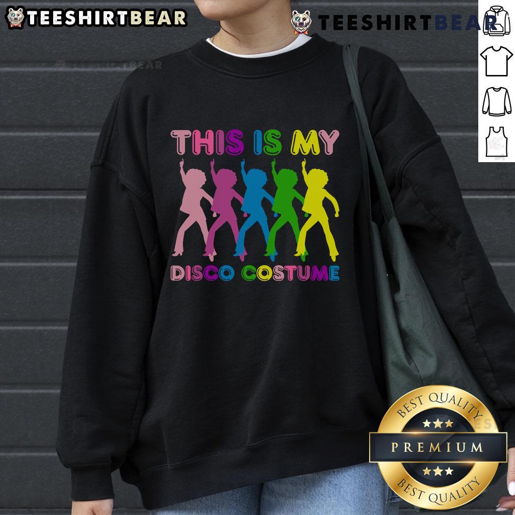 1970s disco costume sweatshirt worn at a family party, showcasing vibrant colors and retro style.