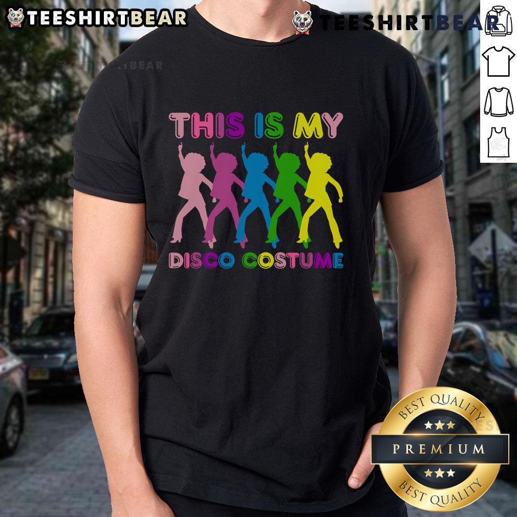 1970s disco costume family party T-shirt featuring vibrant colors and retro design, perfect for themed events.