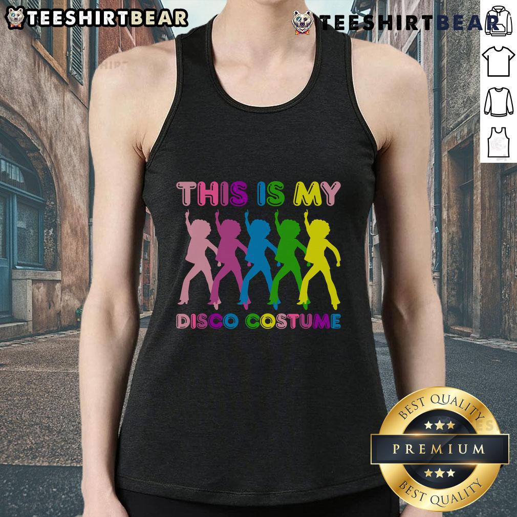 1970s disco costume featuring a vibrant tank top, worn at a family party, showcasing retro style and fun vibes.