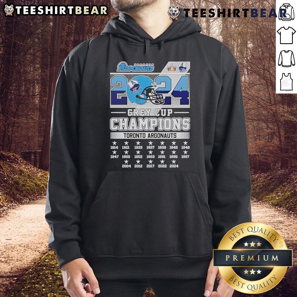 Alt Text: Official 2024 Grey Cup Champions Toronto Argonauts hoodie featuring team logo and stylish design in grey.