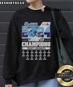 Official 2024 Grey Cup Champions Toronto Argonauts sweatshirt featuring team colors and logo, perfect for fans.