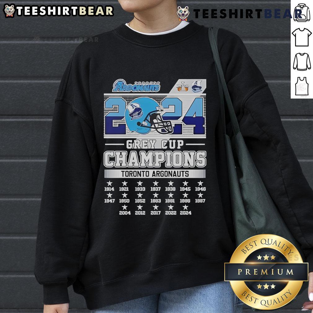 Official 2024 Grey Cup Champions Toronto Argonauts sweatshirt featuring team colors and logo, perfect for fans.
