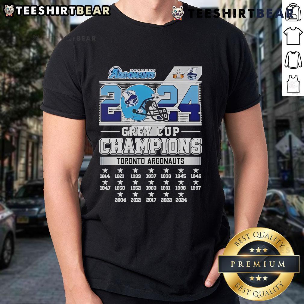 Official 2024 Grey Cup Champions Toronto Argonauts T-Shirt featuring team logo and championship graphics.