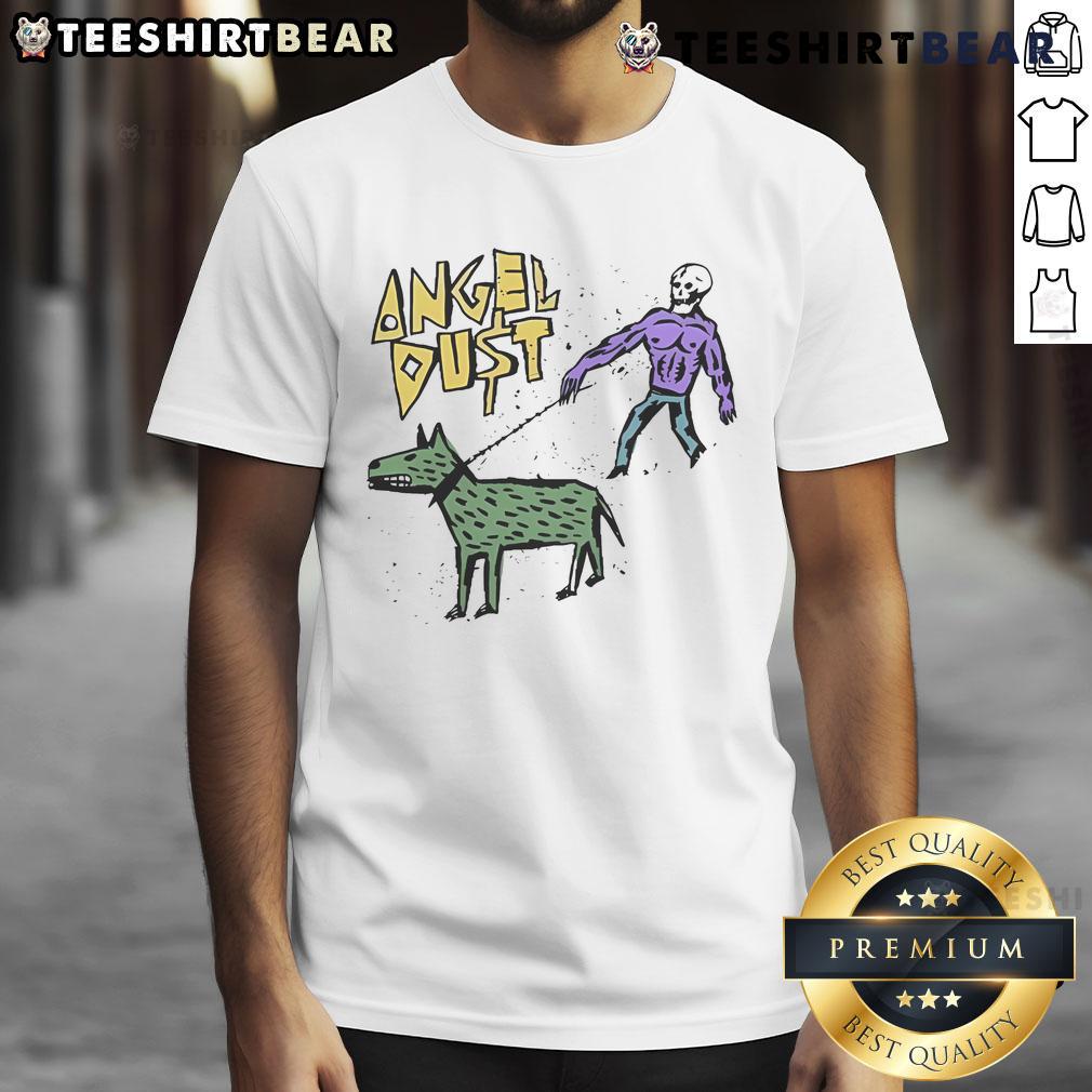Official Angel Dust Dogwalker T-Shirt featuring vibrant graphics of Angel Dust in a stylish dogwalking pose.