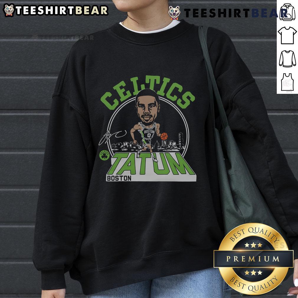 Official Celtics Jayson Tatum signature sweatshirt showcasing team colors and player details for fans and collectors.