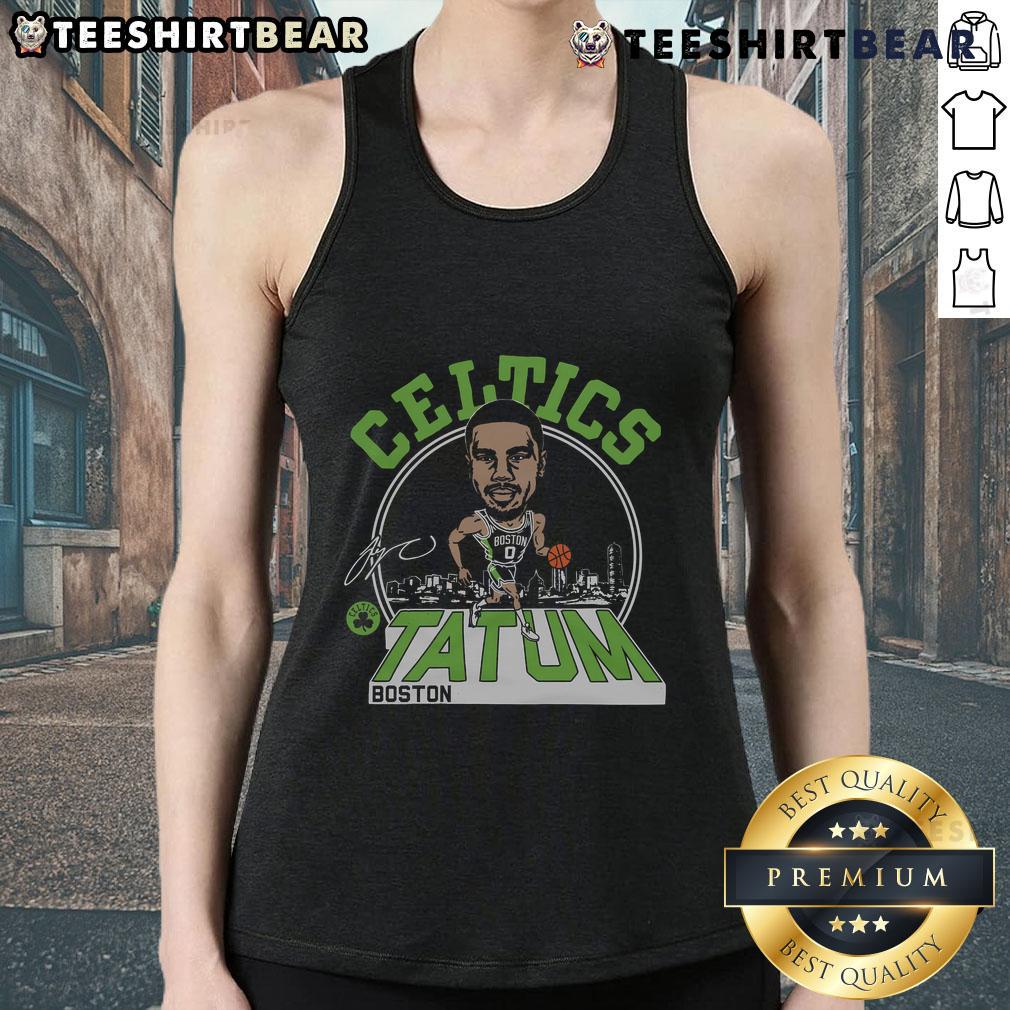Official Celtics Jayson Tatum signature tank top featuring vibrant team colors and player's name for stylish fan apparel.