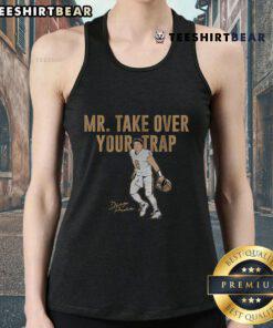Diego Pavia in a stylish 'Mr. Take Over Your Trap' tank top, showcasing bold graphics and vibrant colors.