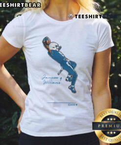 Jameson Williams celebrating a touchdown in the NFL, wearing the Official Jameson Williams TD Ladies Tee.